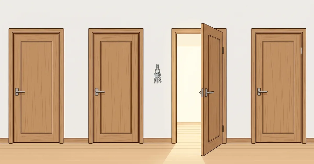一枚だけ開いた扉と、その奥に並ぶ閉じた扉のイラスト