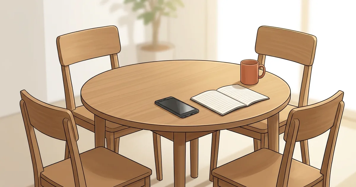 椅子に囲まれた丸テーブルの上に、スマートフォンとノートが置かれたイラスト