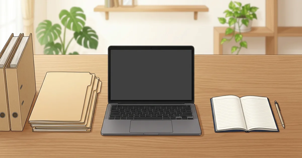 木の机に並んだノートパソコンと書類ファイル、開いたノートのイラスト