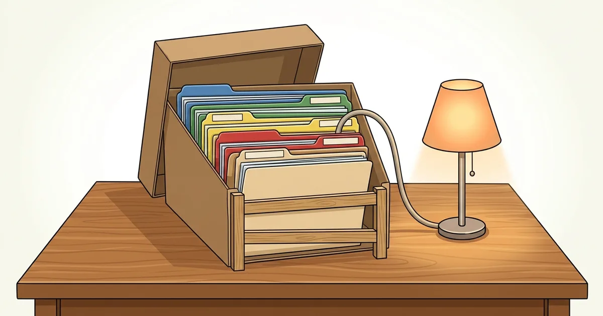 書類の入った箱から管が伸び、机の上のランプを灯しているイラスト。溜めたデータがそのまま活用される様子を表す