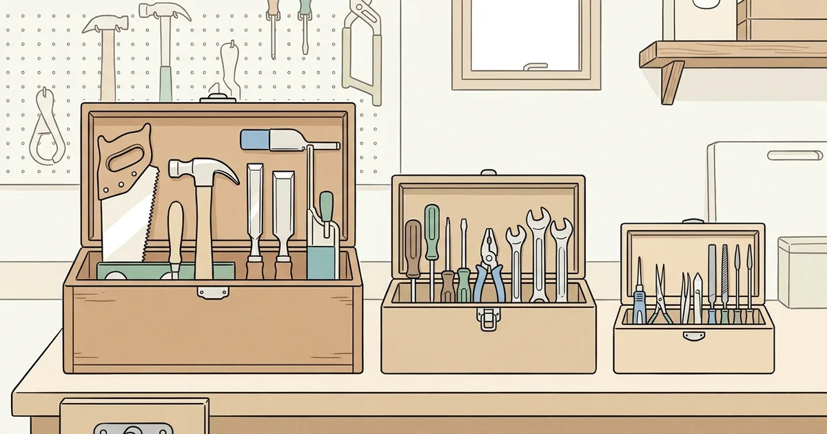 大きさの違う3つの道具箱が作業台に並んだイラスト