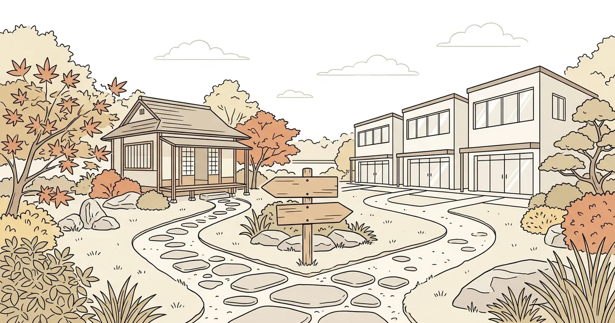 庭の分かれ道に立つ道標のイラスト。片方は小さな家へ、もう片方は並んだオフィスへ続く