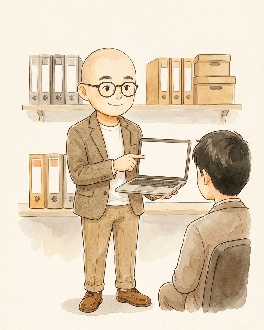 事務所でノートパソコンの画面を指しながら、座っている社員に説明している様子のイラスト