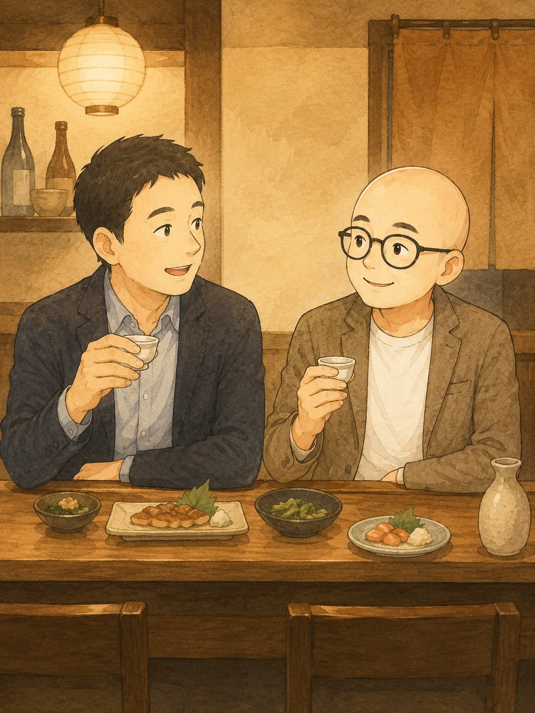 居酒屋のカウンターで経営者と語り合う代表のイラスト