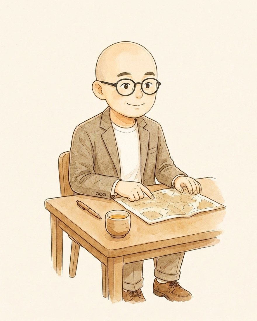 机で資料を指しながら説明している代表のイラスト