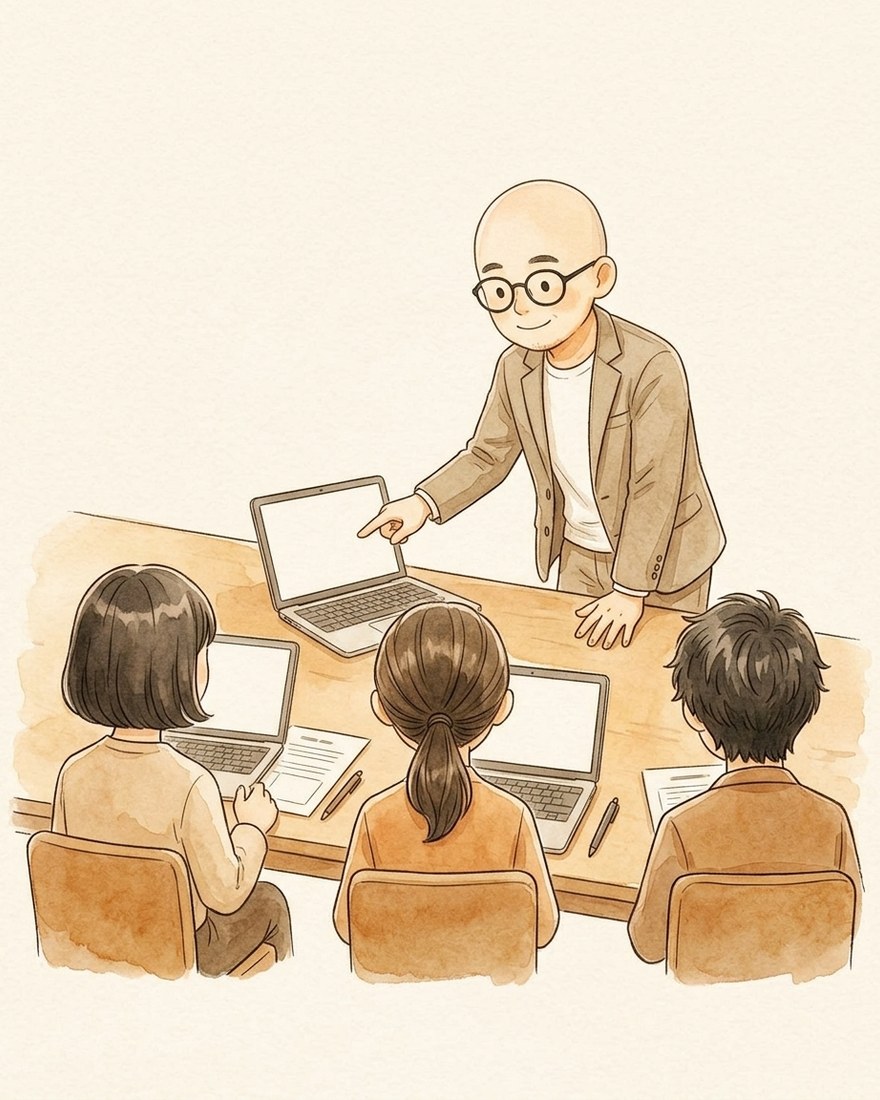 長机でノートパソコンに向かう受講者と、そばで画面を見ながら説明している講師のイラスト