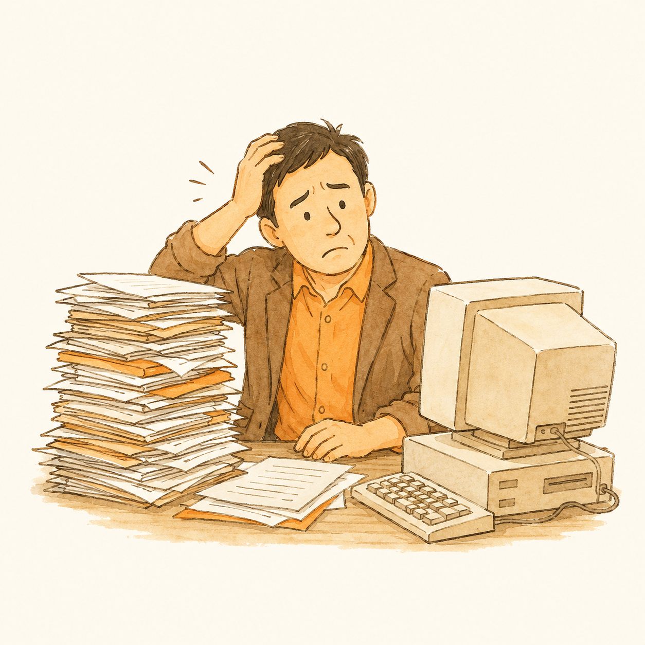 机に積み上がった書類を前に、頭を抱えている人のイラスト